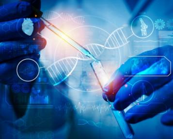 Imagem predominantemente azul com mão de cientista realizando experimento
